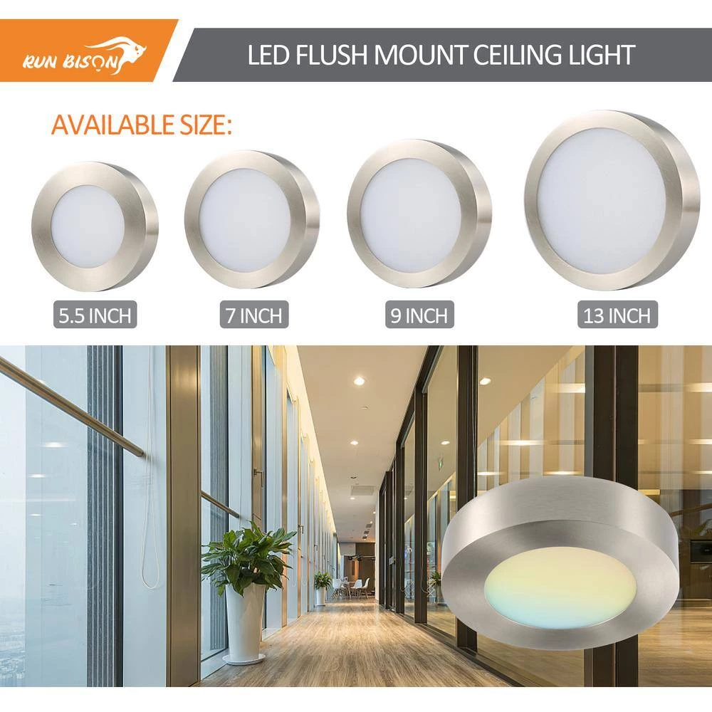 2-Pack 13 in. Round Color Brushed Nickel Selectable Integrated LED Flush Mount Downlight by RUN BISON 7 2-Pack 13 in. Round Color Brushed Nickel Selectable Integrated LED Flush Mount Downlight by RUN BISON - Image 7