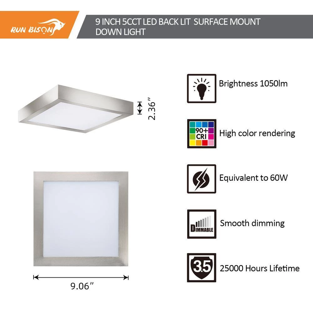 4-Pack 9 in. Brushed Nickel Selectable LED Integrated LED Flush Mount Square Downlight by RUN BISON 2 4-Pack 9 in. Brushed Nickel Selectable LED Integrated LED Flush Mount Square Downlight by RUN BISON - Image 2