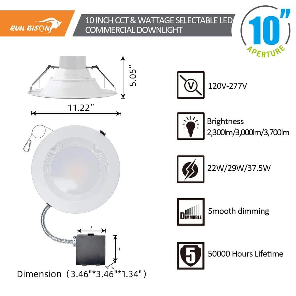 10 in. CCT and Wattage Selectable New Construction or Remodel IC Rated Integrated LED Commercial Downlight(2-Pack) by RUN BISON 2 10 in. CCT and Wattage Selectable New Construction or Remodel IC Rated Integrated LED Commercial Downlight(2-Pack) by RUN BISON - Image 2