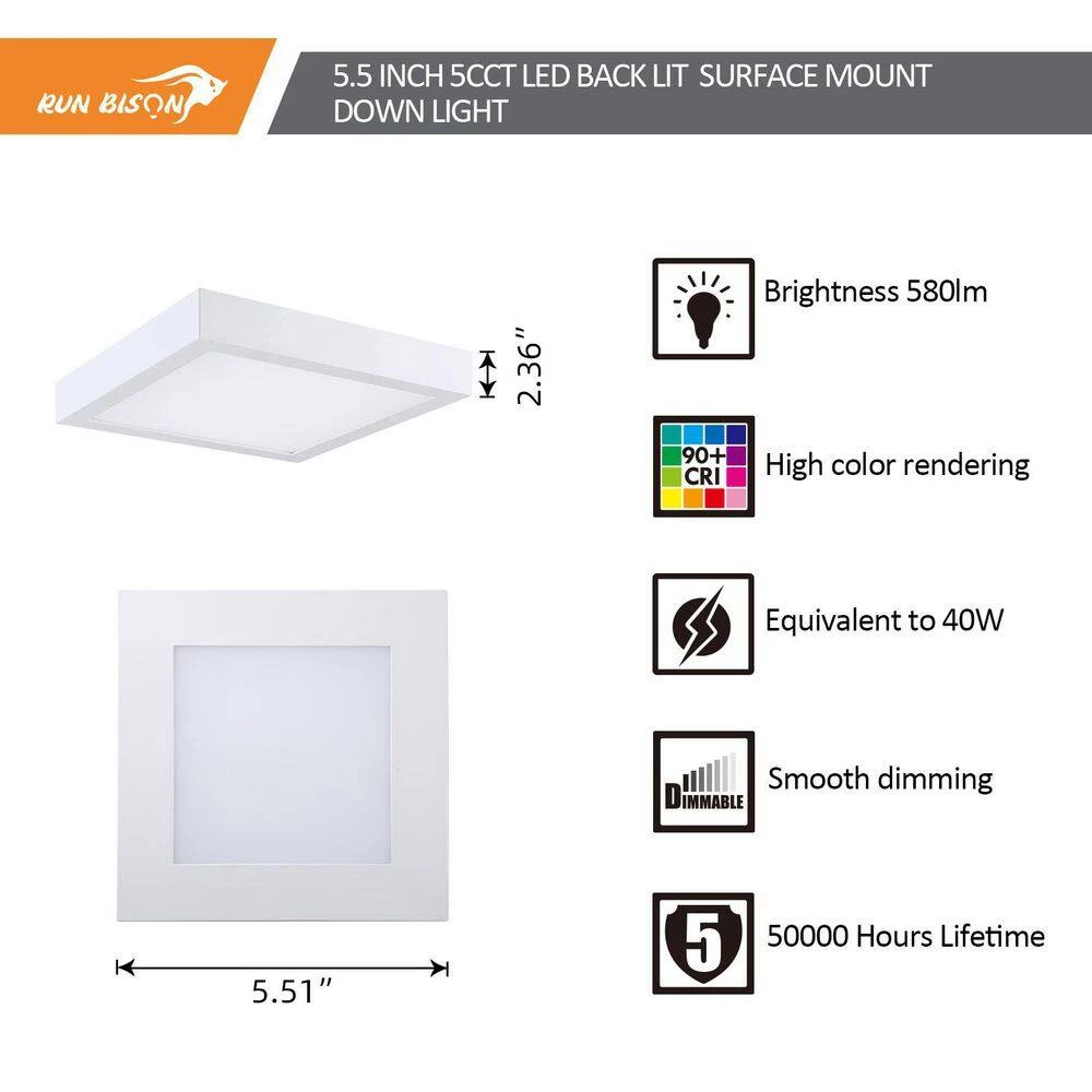 5-Pack 5.5 in. White Square Color Selectable LED Integrated LED Flush Mount Downlight by RUN BISON 2 5-Pack 5.5 in. White Square Color Selectable LED Integrated LED Flush Mount Downlight by RUN BISON - Image 2