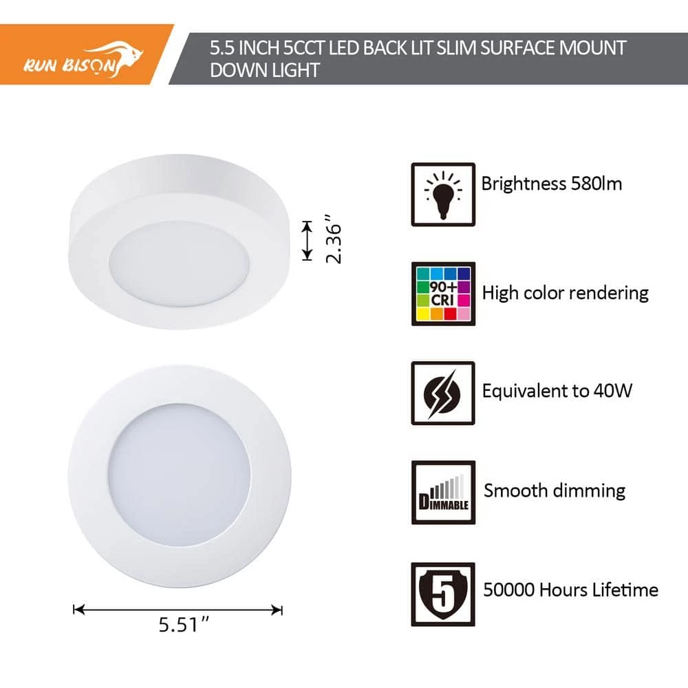 5.5 in. Round Color White Selectable Integrated LED Flush Mount Downlight by RUN BISON 2 5.5 in. Round Color White Selectable Integrated LED Flush Mount Downlight by RUN BISON - Image 2