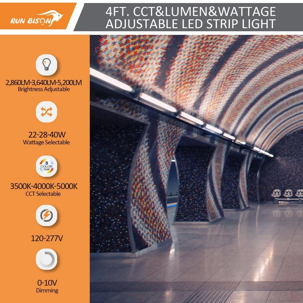 4 ft. Linear Integrated LED Dimmable Strip light Shop Light, CCT/Wattage/Lumen Selectable, 0-10V Dimming by RUN BISON 2 4 ft. Linear Integrated LED Dimmable Strip light Shop Light, CCT/Wattage/Lumen Selectable, 0-10V Dimming by RUN BISON - Image 2