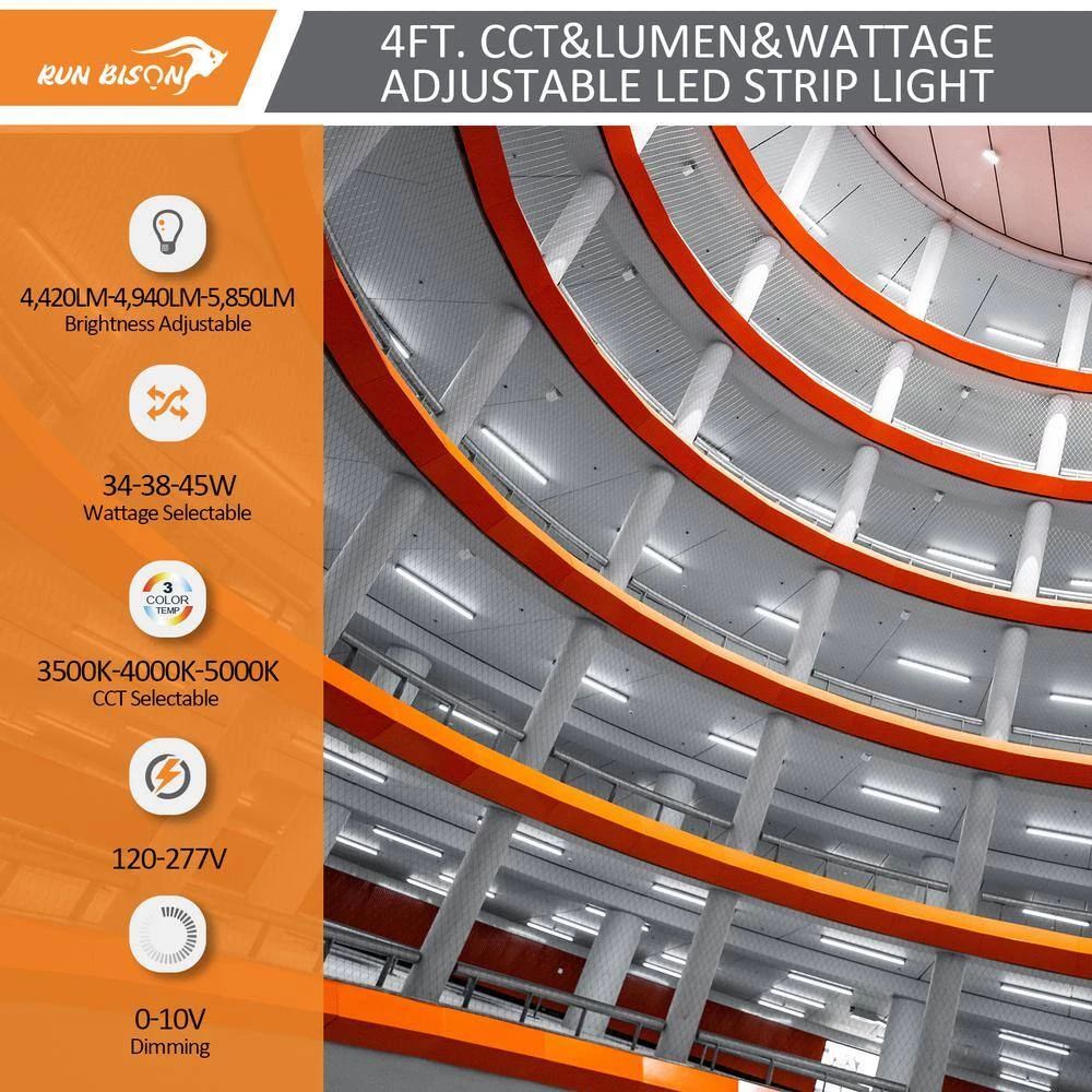 2-Pack 4ft. White 150 Watt Equivalent Linear Integrated LED Strip Light fixture, 2860/3640/5520lm,3500K/4000K/5000K by RUN BISON 2 2-Pack 4ft. White 150 Watt Equivalent Linear Integrated LED Strip Light fixture, 2860/3640/5520lm,3500K/4000K/5000K by RUN BISON - Image 2